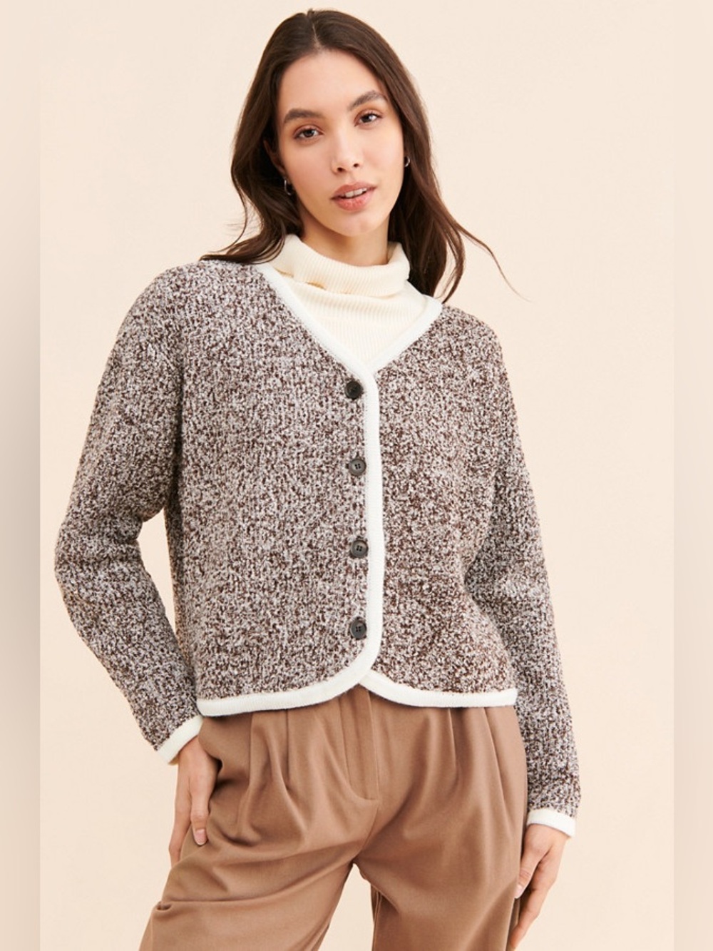 NWT Flat White Brown Marled Contrast Trim‎ Cardigan Sweater Lady Jacket Large L
